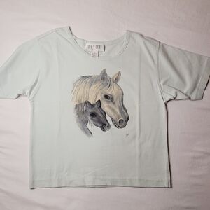 Horse Art Embroidered Cotton Petite T-Shirt Light Green M